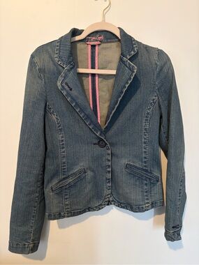 American Eagle Y2K Butterfly Print Denim Blazer with Pink Trims - Small